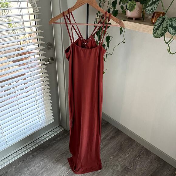 Oboe Rust Lace Up Maxi Dress Size L Women’s Strappy Bodycon Boho Sexy - Picture 2 of 8